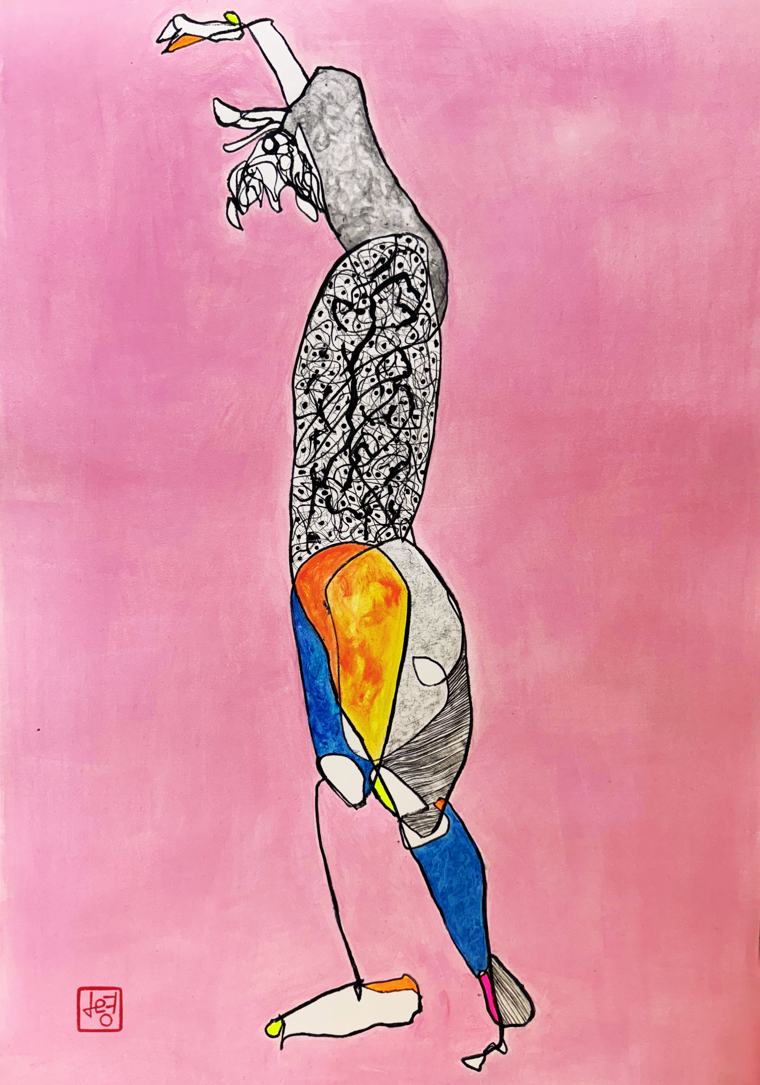 Unique Abstract Croquis drawing with mixed materials on paper, titled Pink is Me,  by Jaye 지영 윤