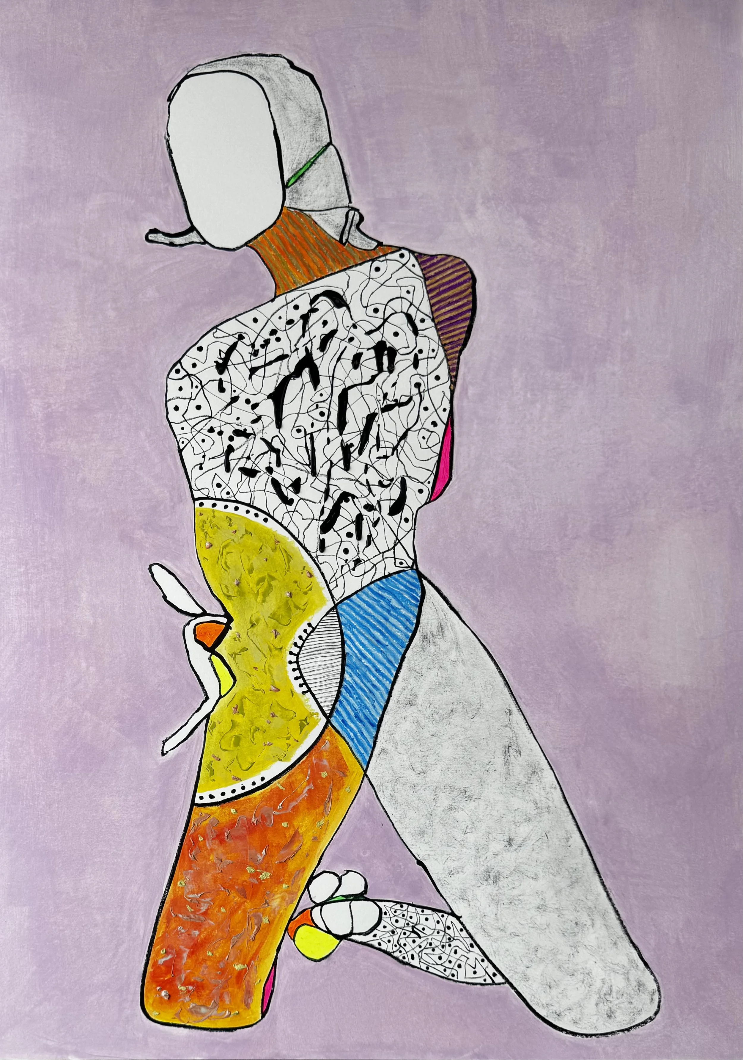 A colorful illustration of a person with a faceless head, wearing a patchwork-style garment with various patterns and bright colors, kneeling against a lavender background.