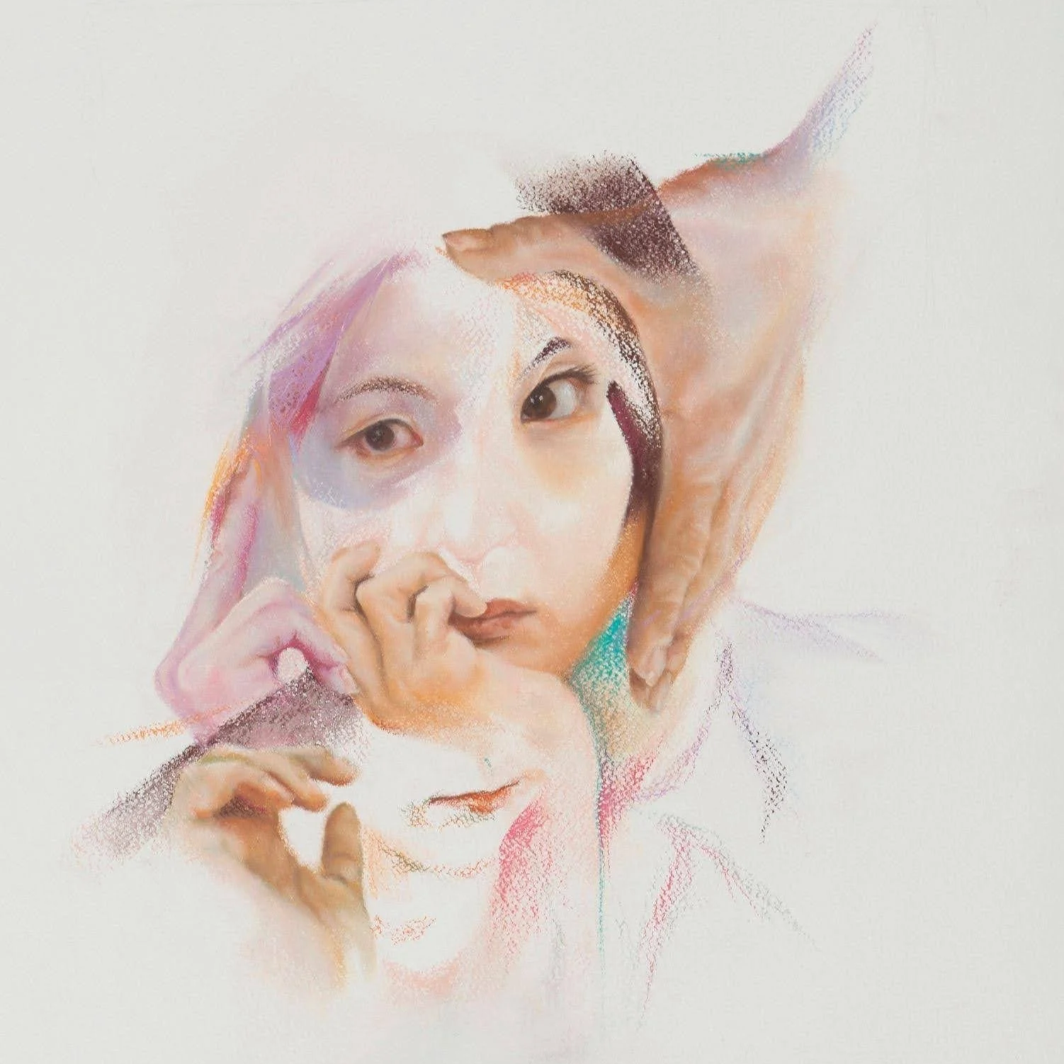 A colorful, abstract pastel portrait of a woman with short hair, holding a makeup brush near her eye, created with soft pastel strokes and textured details.