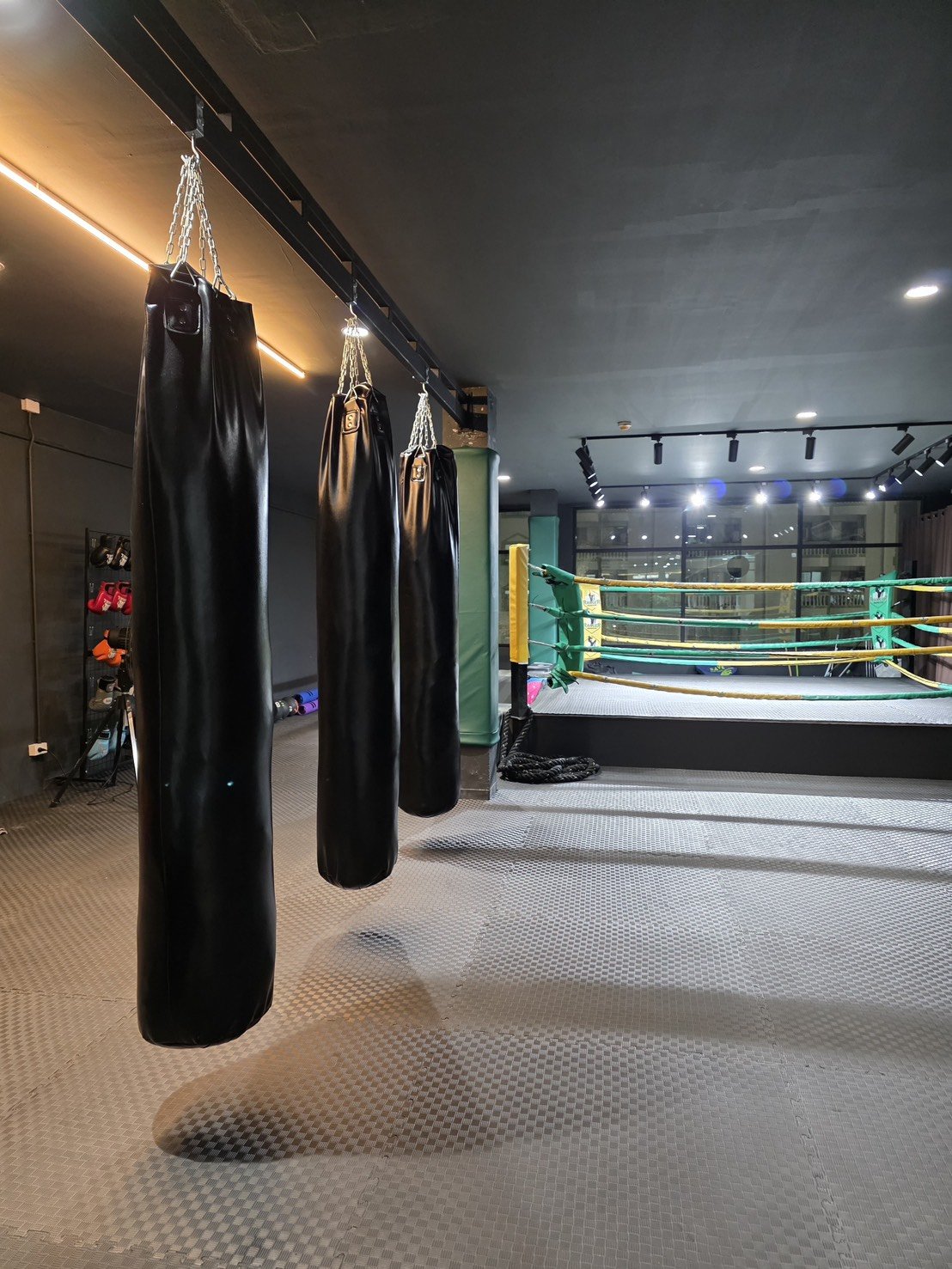 A boxing gym with black punching bags hanging from the ceiling and a boxing ring with green and yellow ropes in the background.