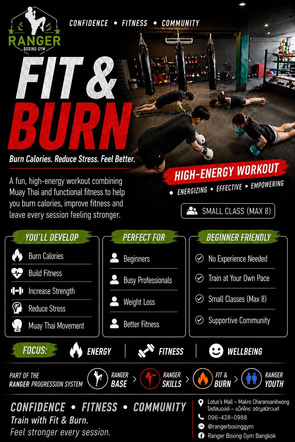 A poster for Ranger Boxing Gym promoting high-energy workout classes that combine Muay Thai and functional fitness. Features a photograph of people in a boxing gym doing push-ups or planks, with punching bags in the background. Includes information about the class benefits, target audience, class size, and contact details.