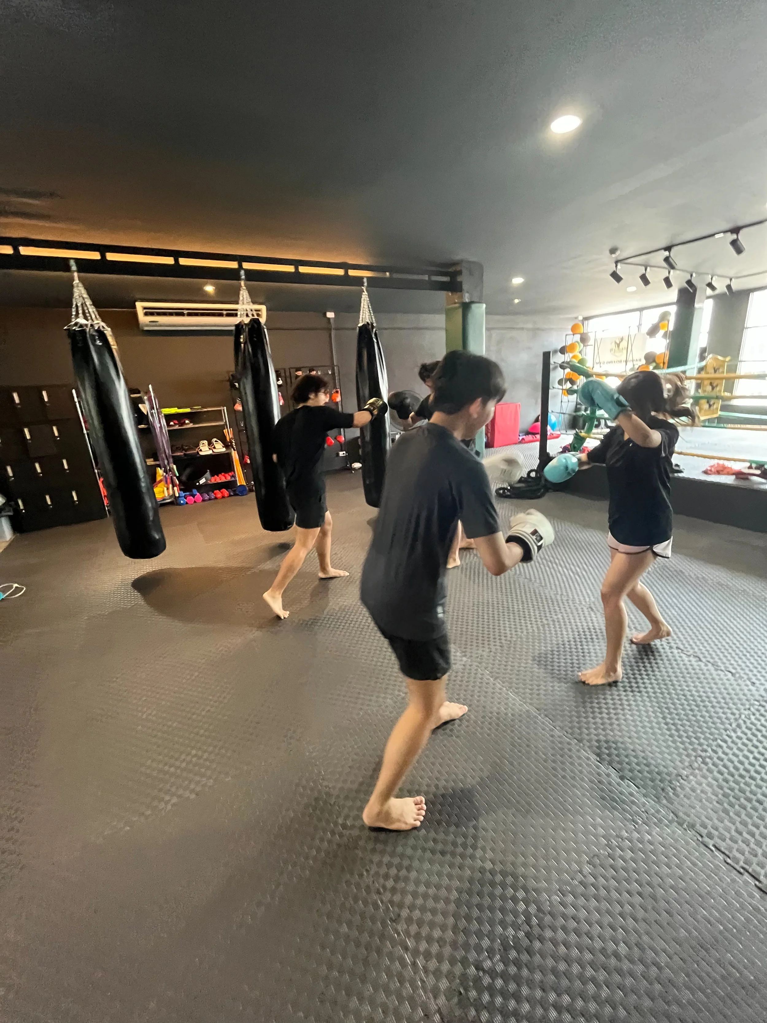 People practicing boxing in a gym, wearing boxing gloves, with hanging punching bags and fitness equipment visible.