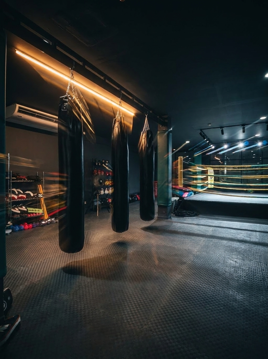 Empty boxing gym with hanging punching bags, boxing gloves, and a boxing ring illuminated by gym lights.