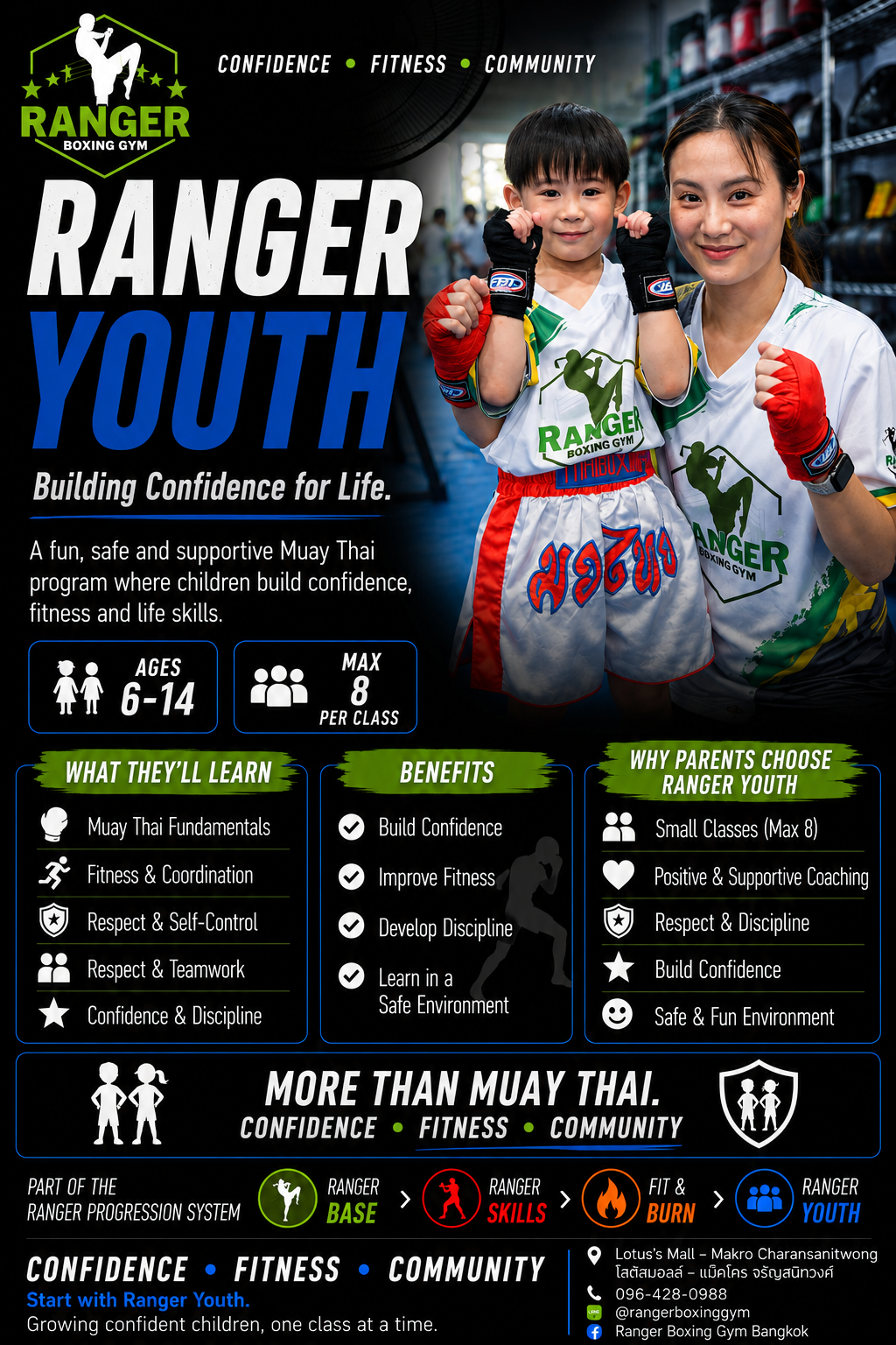A smiling young boy and a woman boxer at Ranger Boxing Gym, both wearing boxing gear and posing confidently in the gym.