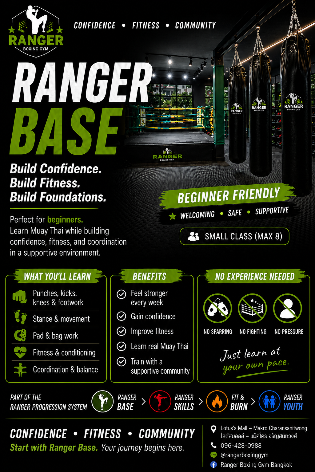 Poster for Ranger Base boxing gym, featuring a boxing ring and punching bags, with text promoting confidence, fitness, community, beginner-friendly classes, and benefits like improved strength and confidence.