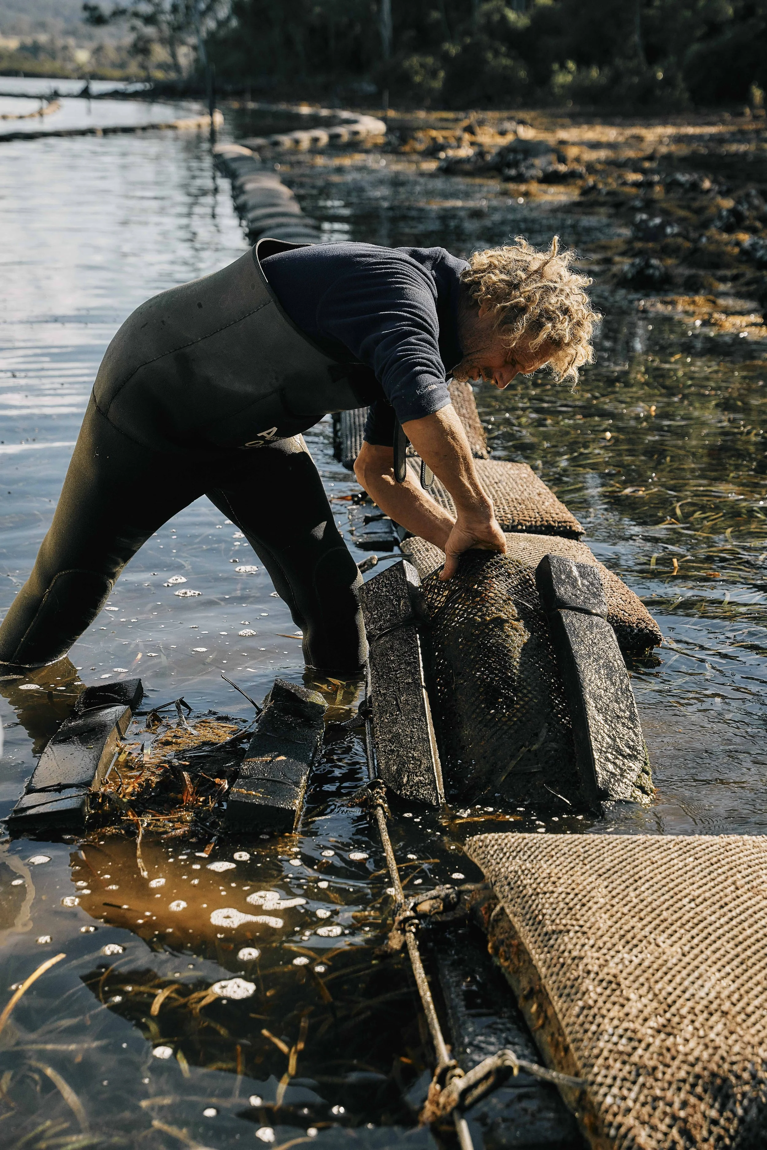 A person with curly hair leaning over and working on a submerged barrier or barrier collection device in water, possibly a fish farm or aquaculture installation, with trees and land in the background.