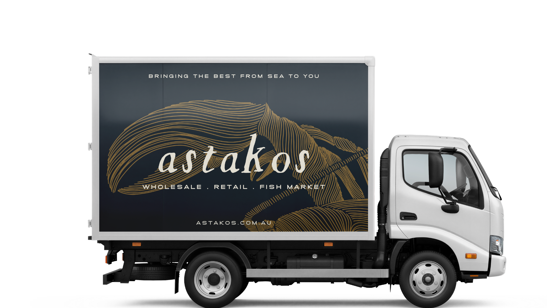 A delivery truck with an advertisement for Astakos, a fish market, featuring a stylized lobster illustration and the text 'Bringing the best from sea to you.'