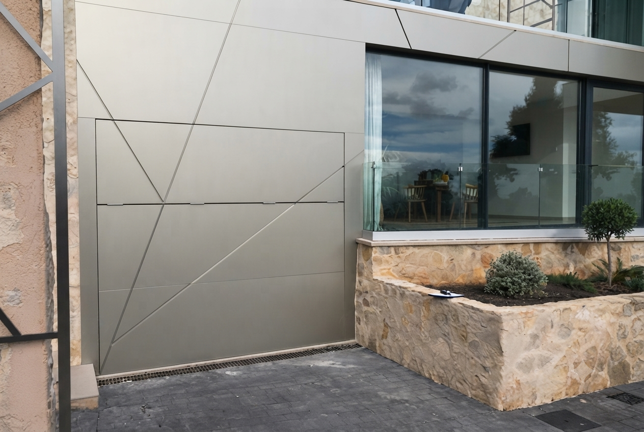 Vista de la fachada de un edificio moderno con ventana de cristal y un jardín con plantas