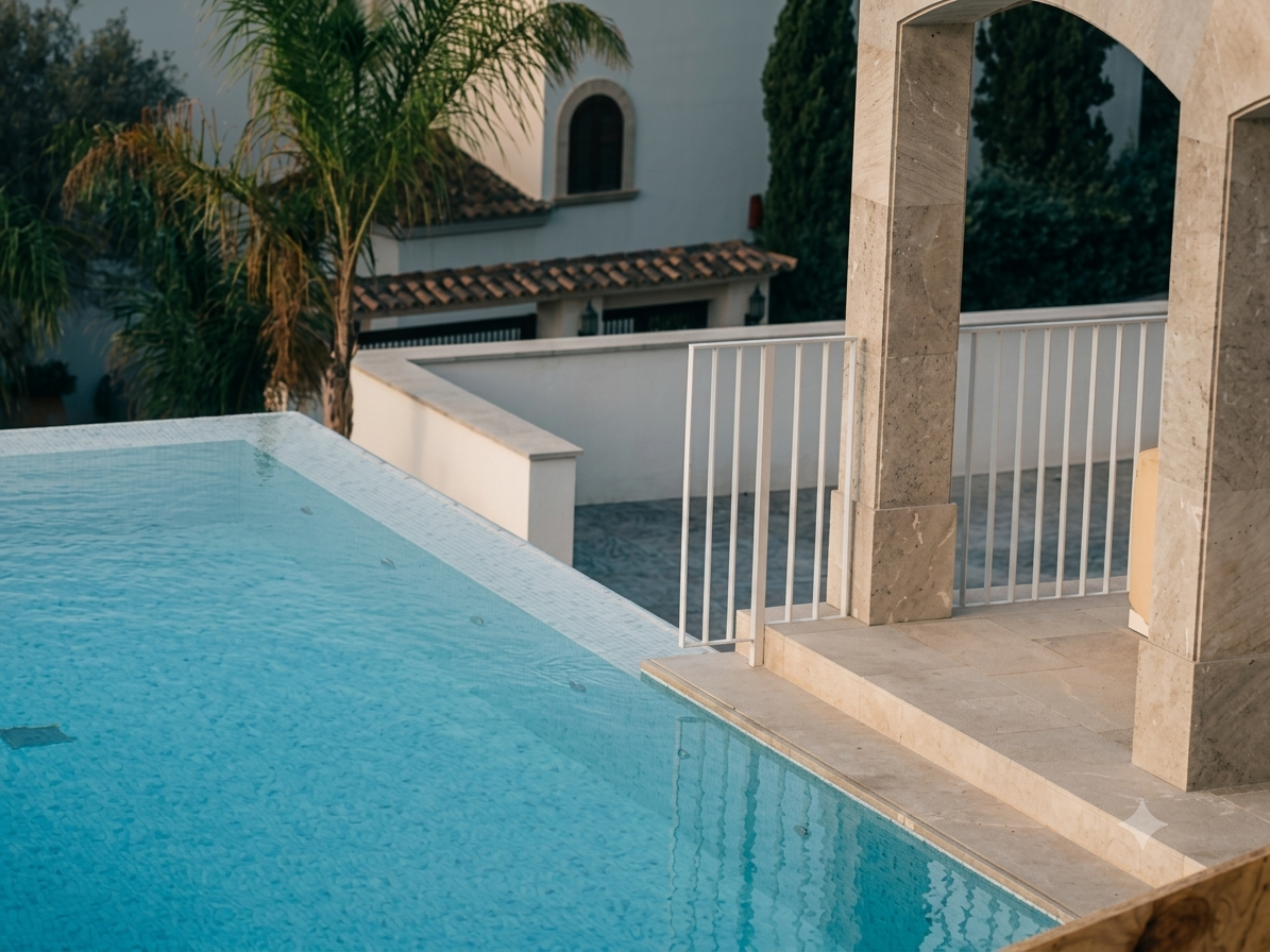 Piscina en un espacio exterior con barandilla blanca y estructura de piedra, con casas y palmeras en el fondo.