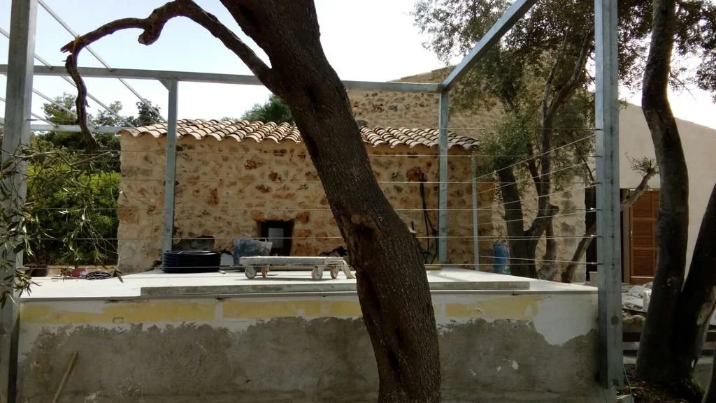 Construcción de una estructura con marco metálico en un patio, con árboles y una pared de piedra en el fondo.