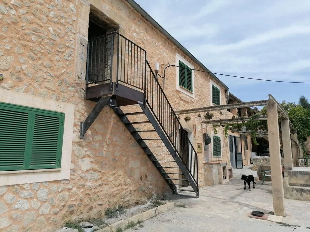 Casa de piedra con ventanas de persianas verdes y escaleras de metal negras externas, adyacente a un patio con perro negro y estructura de madera para plantas.