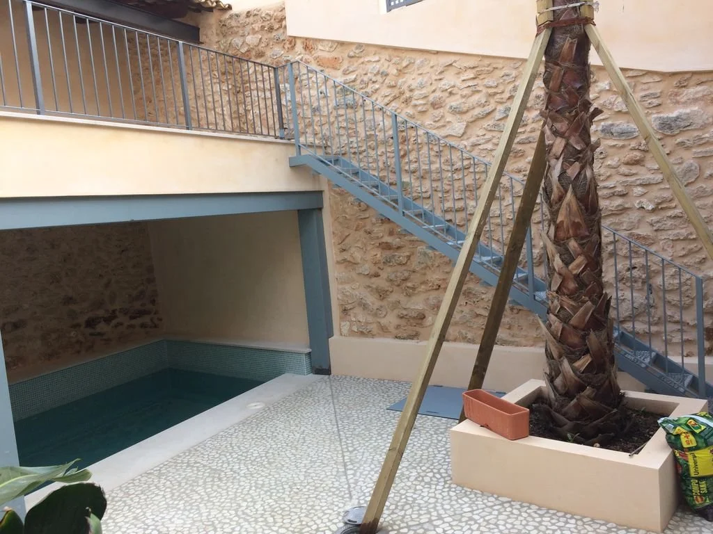 Una piscina pequeña en un patio con piso de piedra, una escalera metálica azul lleva a un segundo nivel, un árbol palmera en una maceta grande y una pared de piedra en el fondo.