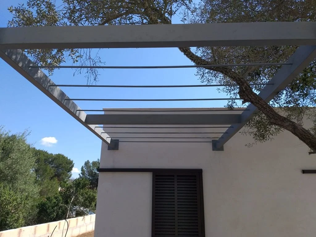 Estructura metálica en el exterior de una casa, con un árbol que atraviesa la estructura y un cielo despejado de fondo.
