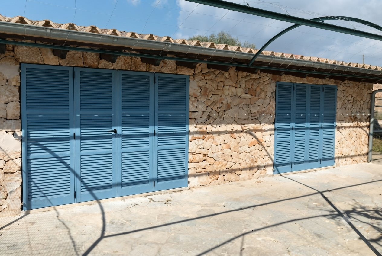 Casa de piedra con puertas y ventanas de persianas azules, sombra de ramas en el suelo y cielo nublado.