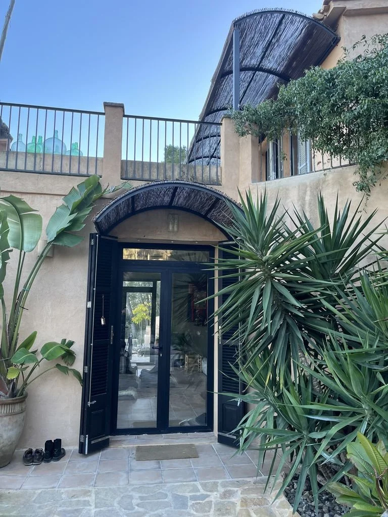 Entrada de una casa con puerta de vidrio y marcos negros, rodeada de plantas verdes, incluyendo palmas y agaves, con balcones y barandillas de metal en el segundo piso, y esquinas de paredes de color beige.