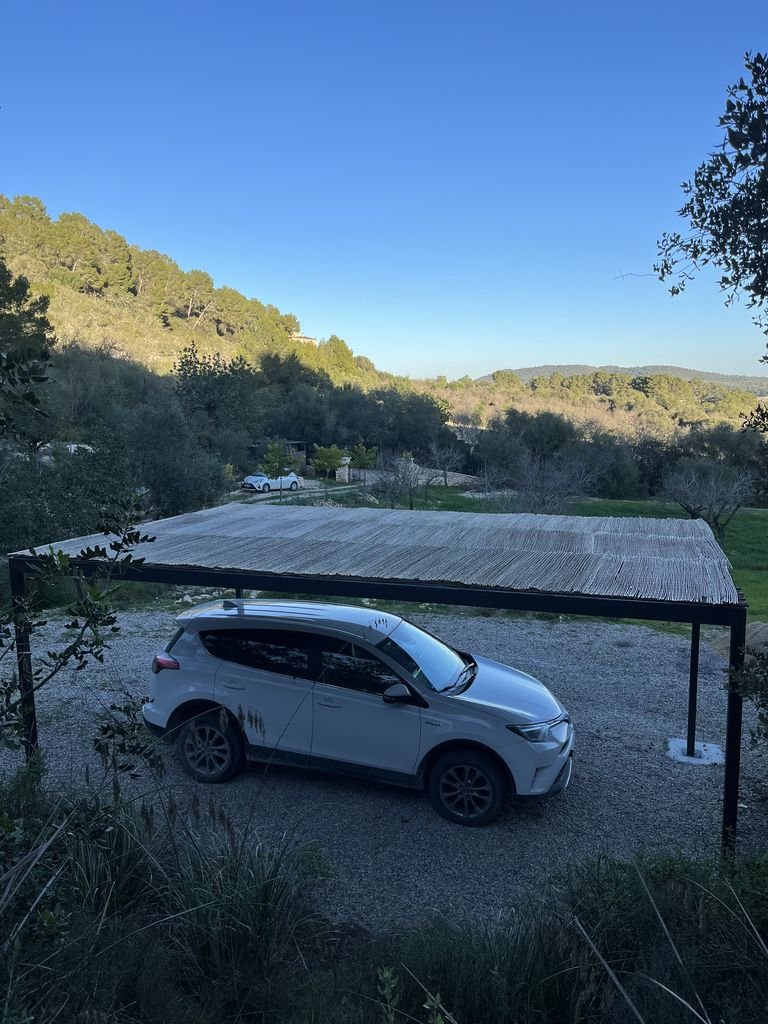 Cochera techada con un automóvil gris estacionado, rodeada de naturaleza y árboles, con un cielo despejado.