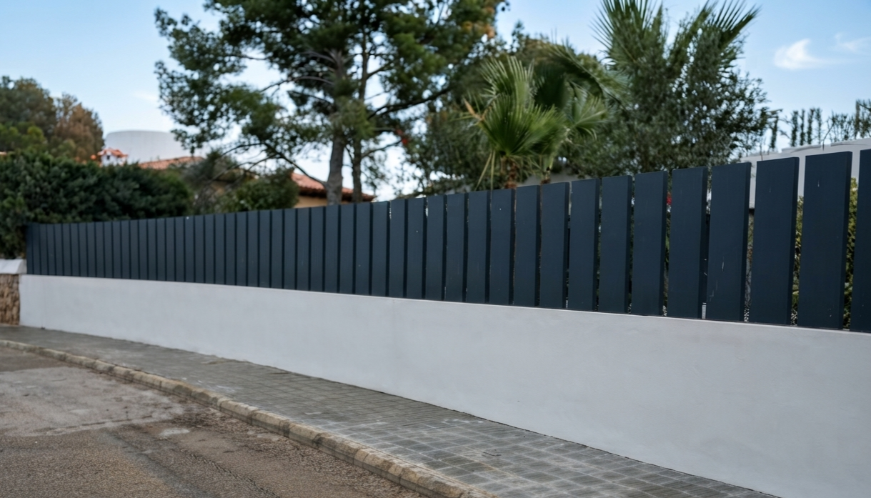 Muro blanco con cerca de tablas de madera pintadas de azul, jardín con árboles y cielo despejado.