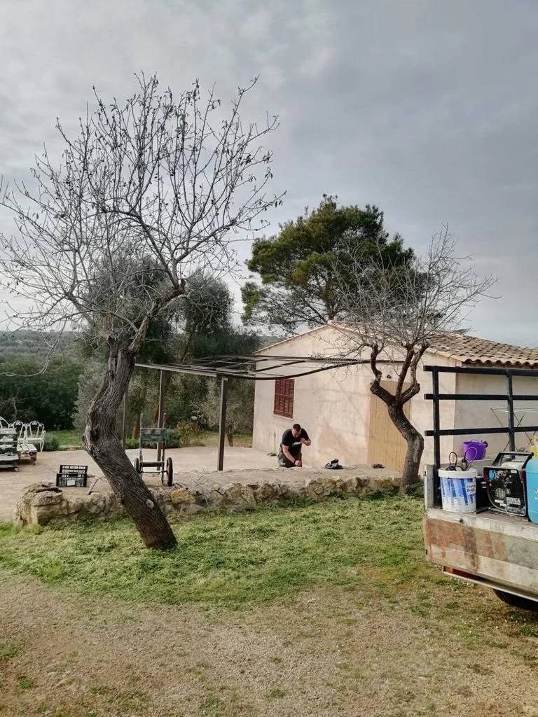 Escena en un patio con árboles, una persona arreglando algo en el suelo cerca de una casa con paredes de color claro y techo de tejas, y una camioneta con herramientas y equipo en el lado derecho.