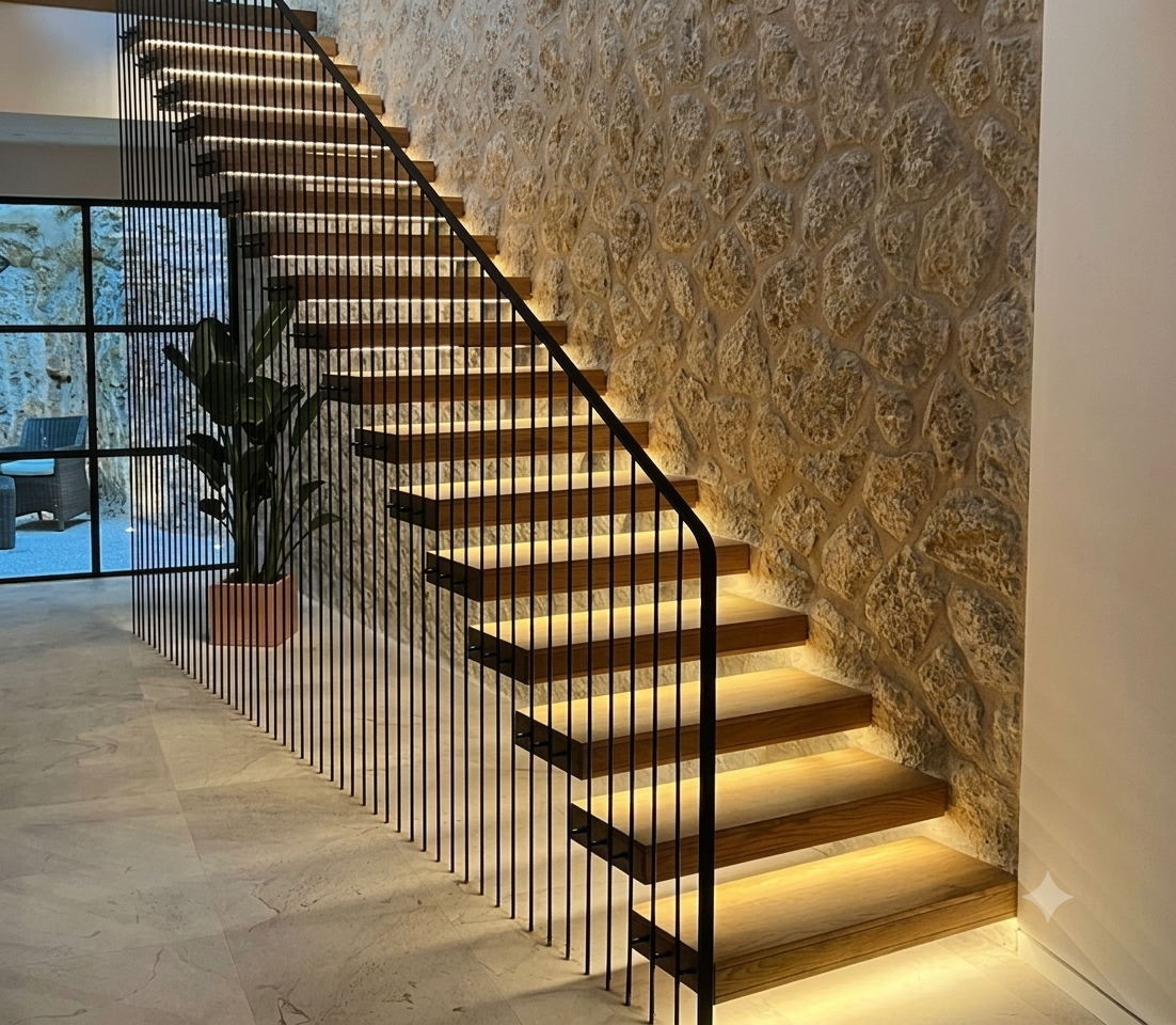 Escalera moderna de madera con iluminación LED integrada, próxima a una pared de piedra, con una planta en maceta al pie y una ventana de cristal que muestra un espacio exterior.