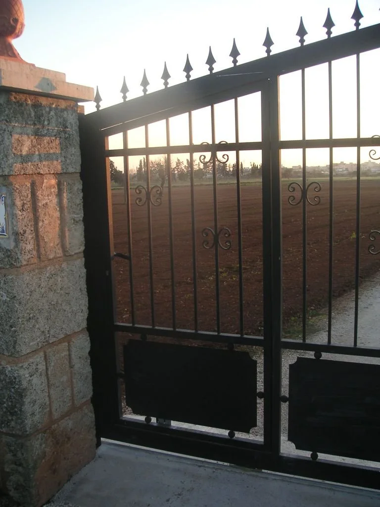 Puerta de hierro negro con puntas en la parte superior, instalada en un muro de ladrillos de color marrón, con un campo abierto y árboles al fondo, durante el atardecer.