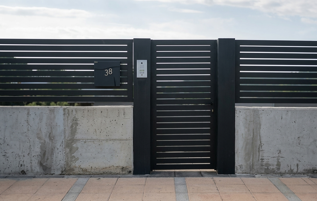 Valla de metal negro con puerta y buzón, con número 38, en un muro de concreto, con intercomunicador a un lado.