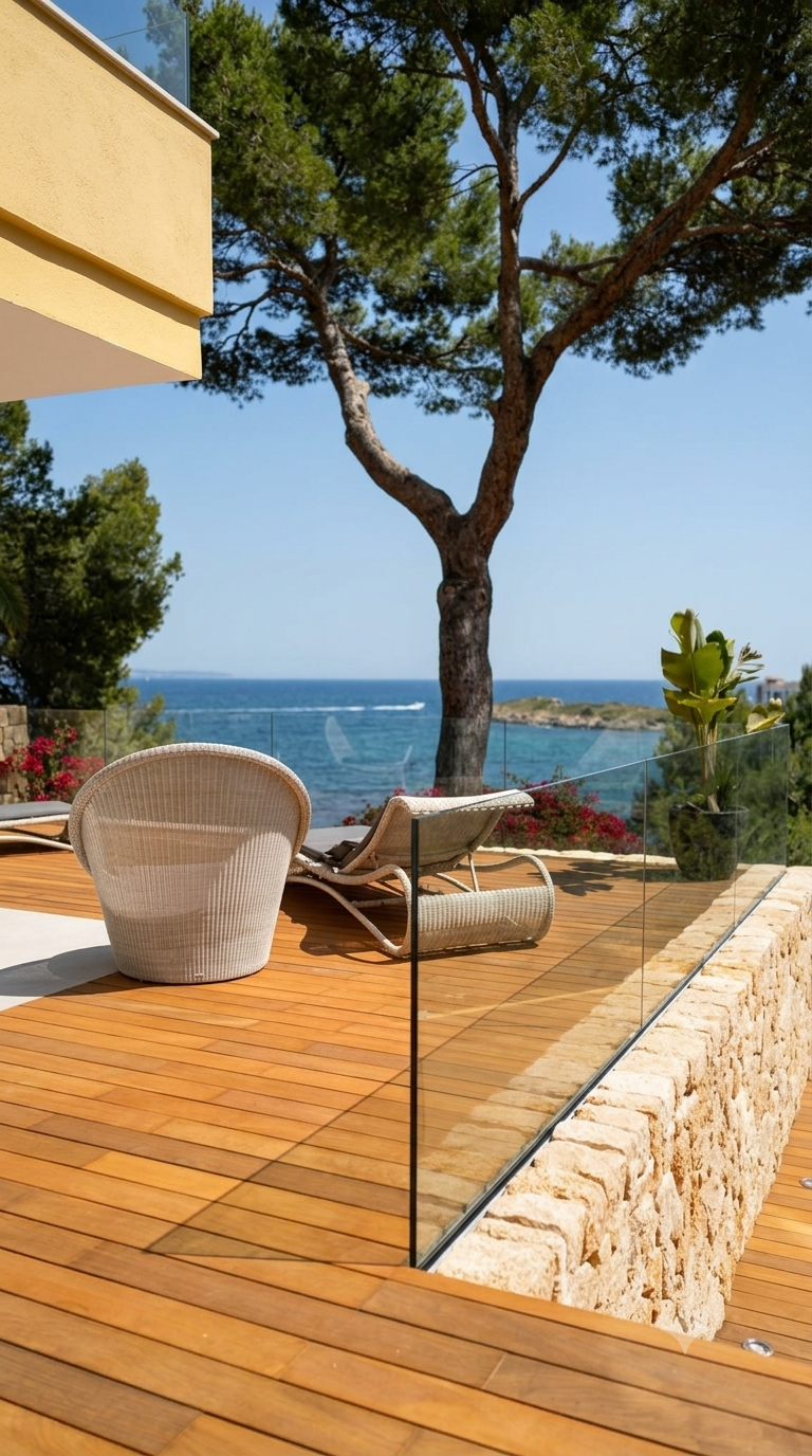 Terraza con muebles de exterior, una silla y una tumbona, vista al mar y una línea de árboles, con una cerca de vidrio y plantas verdes.