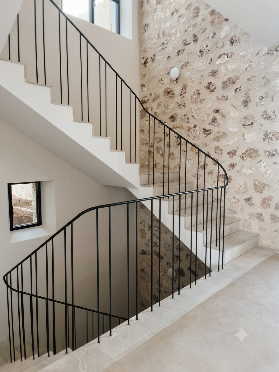 Escalera interior con barandilla de metal negro, paredes de piedra y ventanas.