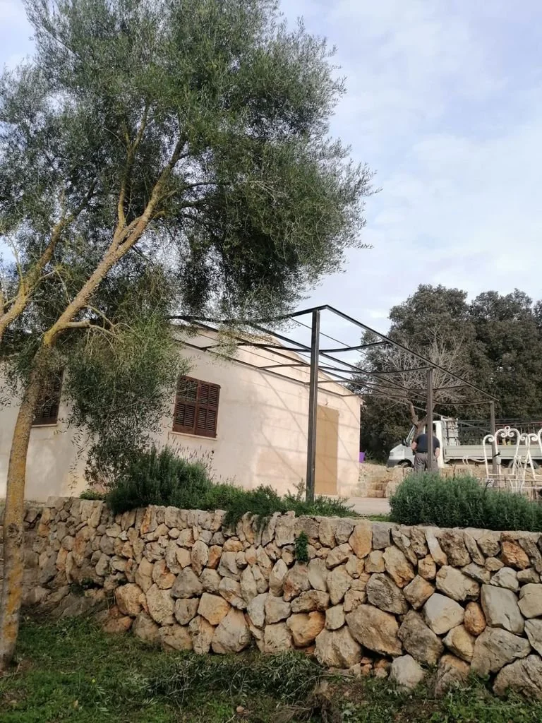Vista de un área exterior con una pared de piedras, un árbol grande y una estructura metálica vacía. En el fondo, una casa blanca y dos personas cerca de una camioneta.