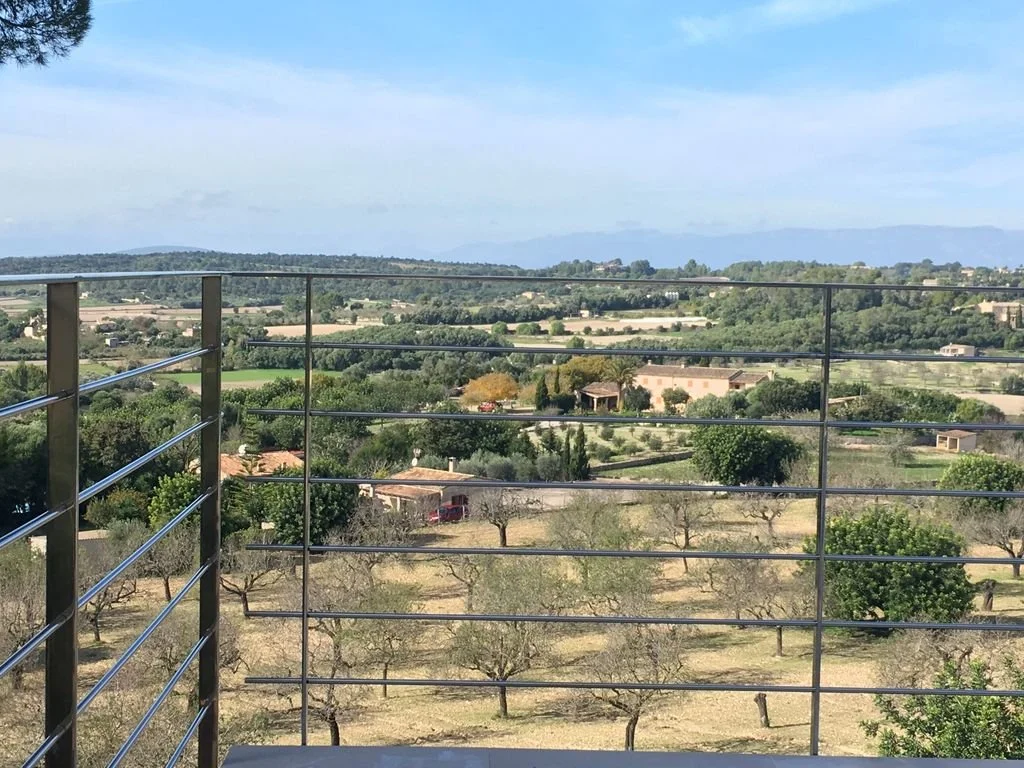 Vista panorámica de un paisaje rural con árboles, casas y campos, vista desde un balcón con barandal de metal.