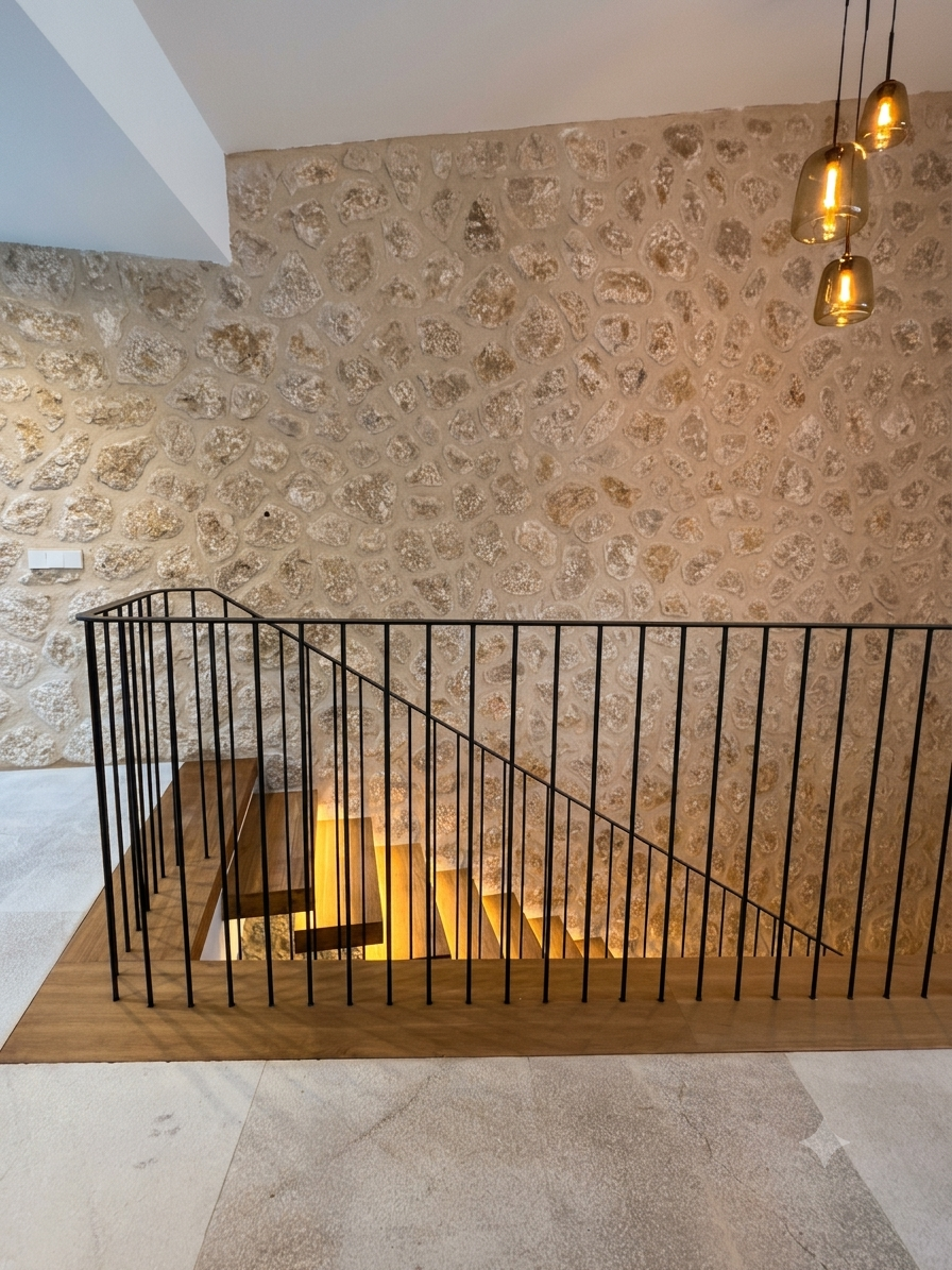 Escalera de madera con barandal de barras negras y pared de piedra en fondo, iluminada por lámparas doradas colgantes.