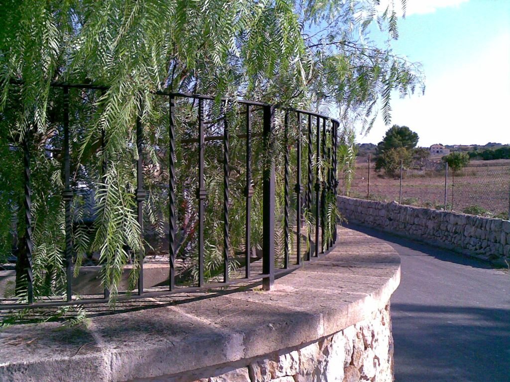 Vista de un muro de piedra con reja de metal, rodeado de árboles y vegetación, en un área rural con caminos pavimentados y campo abierto.