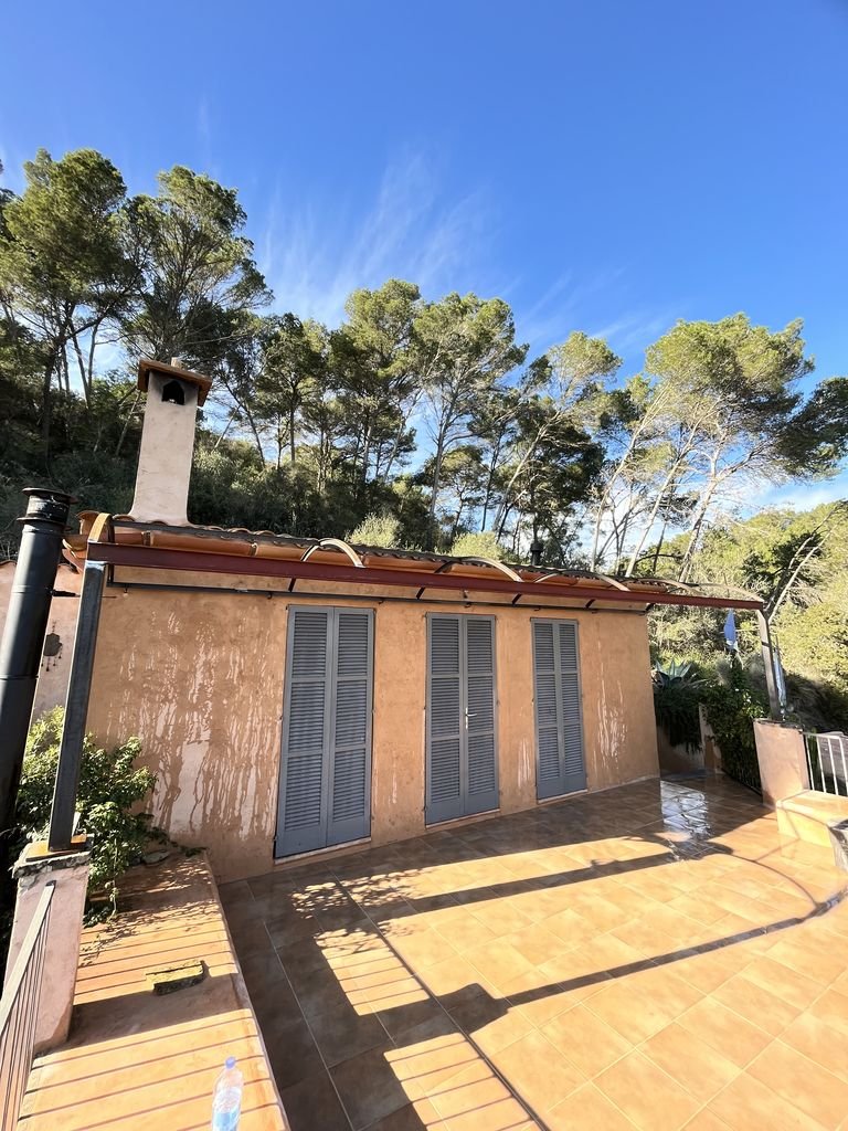 Casa con paredes de color terracota y puertas con persianas azules, ubicada en un espacio exterior con piso de cerámica y rodeada de árboles verdes y un cielo azul despejado.