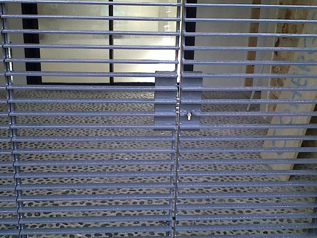 Rejas de metal en una ventana o puerta, con vista a un pasillo o espacio interior de un edificio