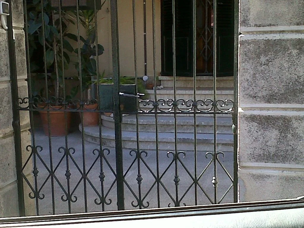 Una verja de herrería negra que cierra una entrada hacia unas escaleras de piedra. Al fondo hay plantas en macetas y una puerta verde.