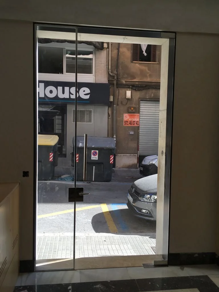 Vista de la calle a través de una puerta de vidrio, con dos contenedores de basura y un coche estacionado.