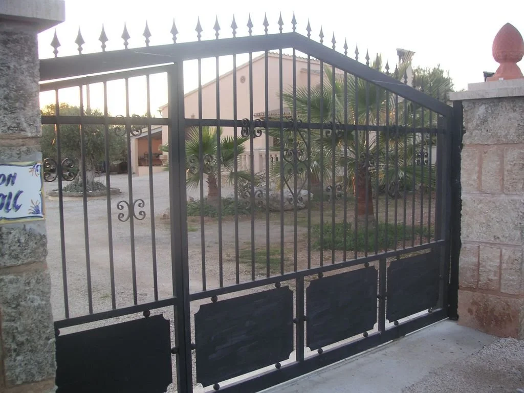 Puerta de hierro con barrotes decorativos, marco de piedra, y plantas de palma en un patio