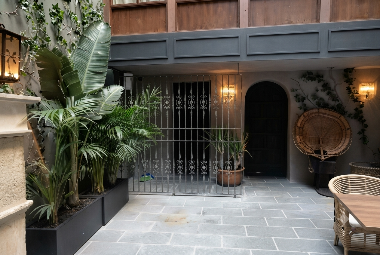 Patio con plantas verdes, una puerta negra, una reja metálica, una pared decorada con plantas trepadoras, una mesa de madera y sillas de mimbre.