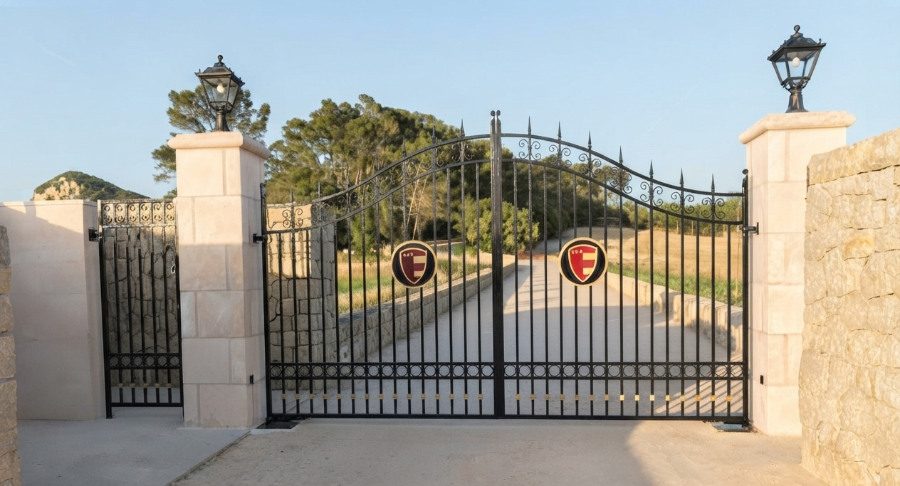 Puerta de rejas negras con dos faroles en columnas de piedra, con un camino y árboles al fondo.