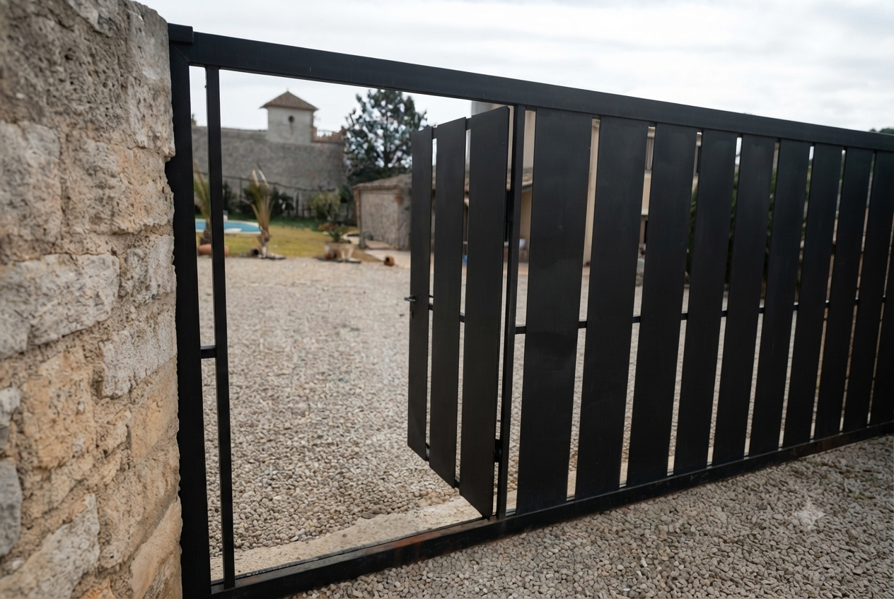 Puerta de metal negra que se abre hacia un patio con piedra en el suelo y estructuras de piedra en el fondo.