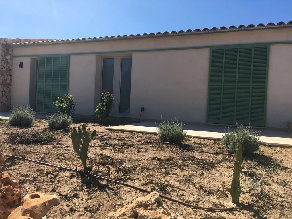Casa moderna con ventanas con persianas verdes y un jardín con cactus, lavandas y tierra árida.