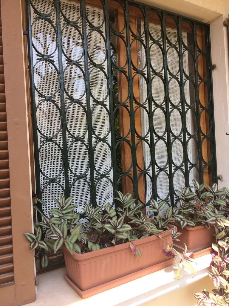 Ventana protegida por reja metálica con diseño de círculos, decorada con plantas en macetas de barro en el alféizar.