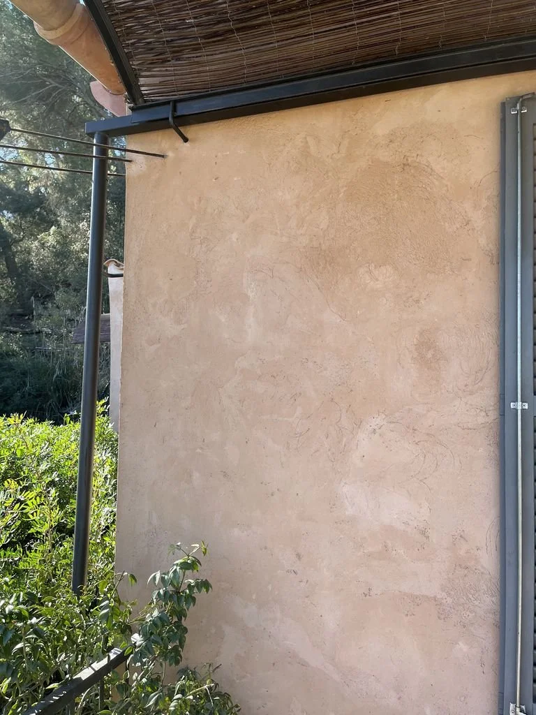 Muro de pared liso de color beige, con estructura de metal y plantas alrededor