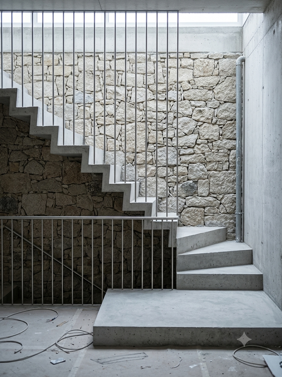 Escalera moderna de concreto con barandales metálicos, piedra decorativa en la pared de fondo, espacio en construcción con cables en el suelo