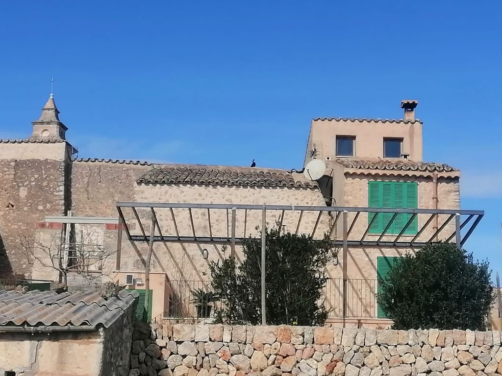 Edificio de piedra con ventanas verdes y estructura metálica en el jardín, bajo cielo azul.