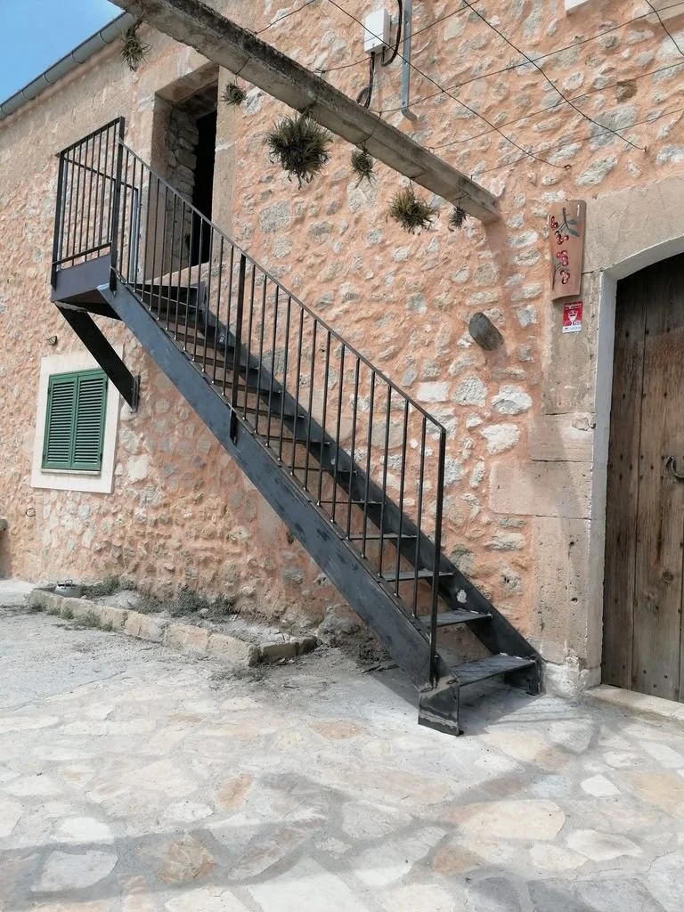 Escalera de metal negra en un muro de piedra, con plantas colgantes y una pared de ladrillo en un entorno exterior rústico.