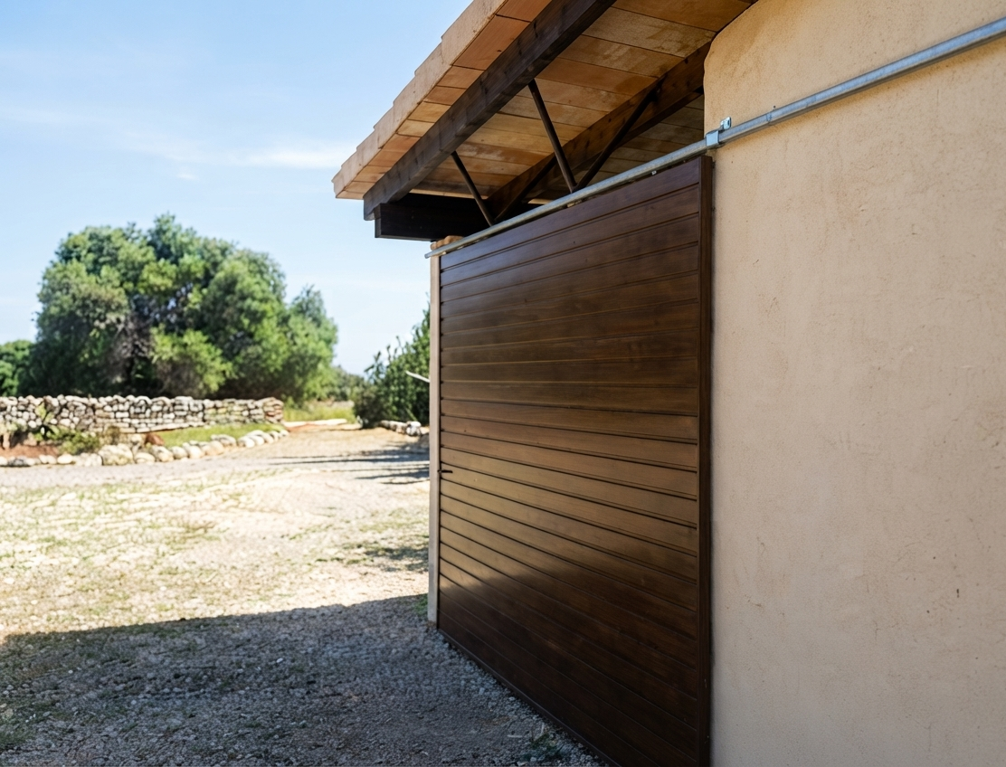 Puerta corredera de madera oscura en un muro de clínica o casa en un área exterior con árboles y un camino de tierra.