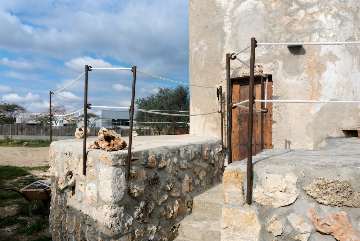 Estructura de piedra con barandillas de cuerda en un entorno al aire libre, con un cielo nublado y un edificio de piedra con madera en el fondo.