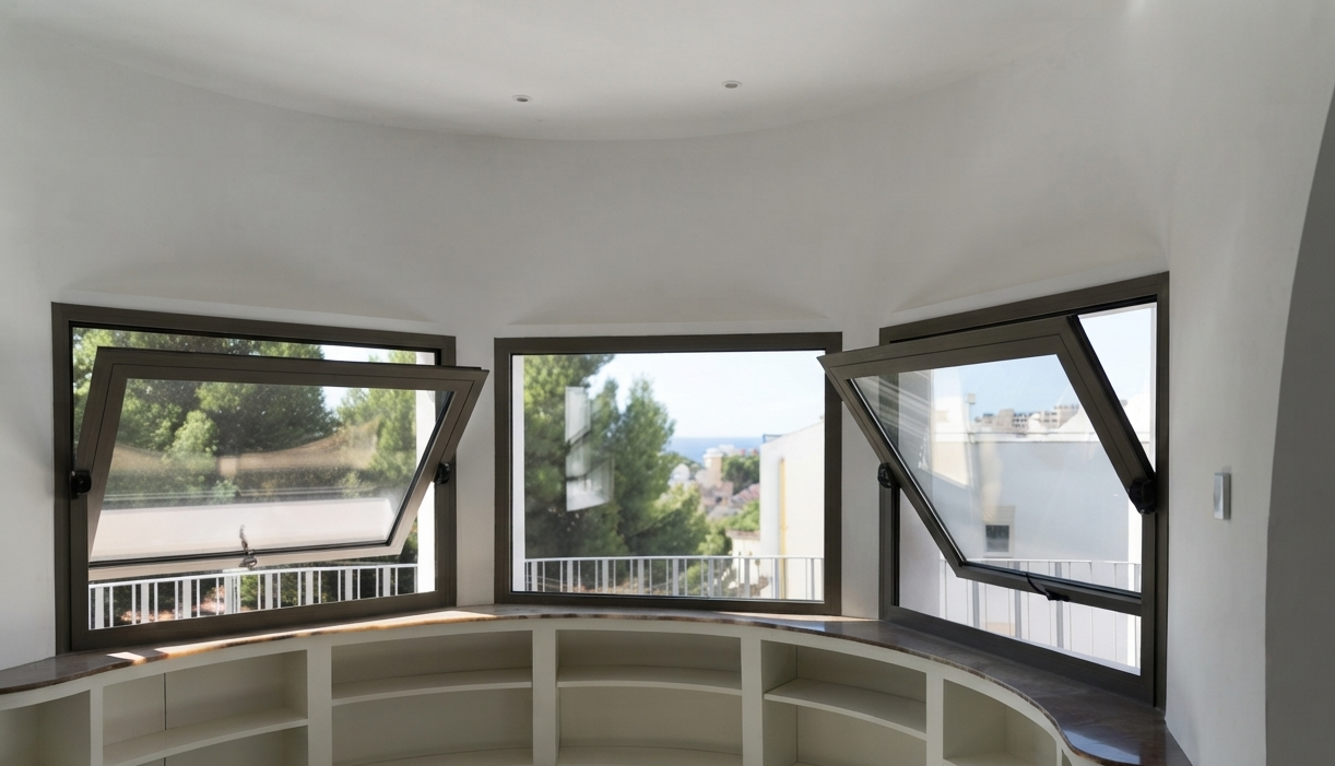 Ventanas abiertas en una habitación con vista a árboles y edificios.
