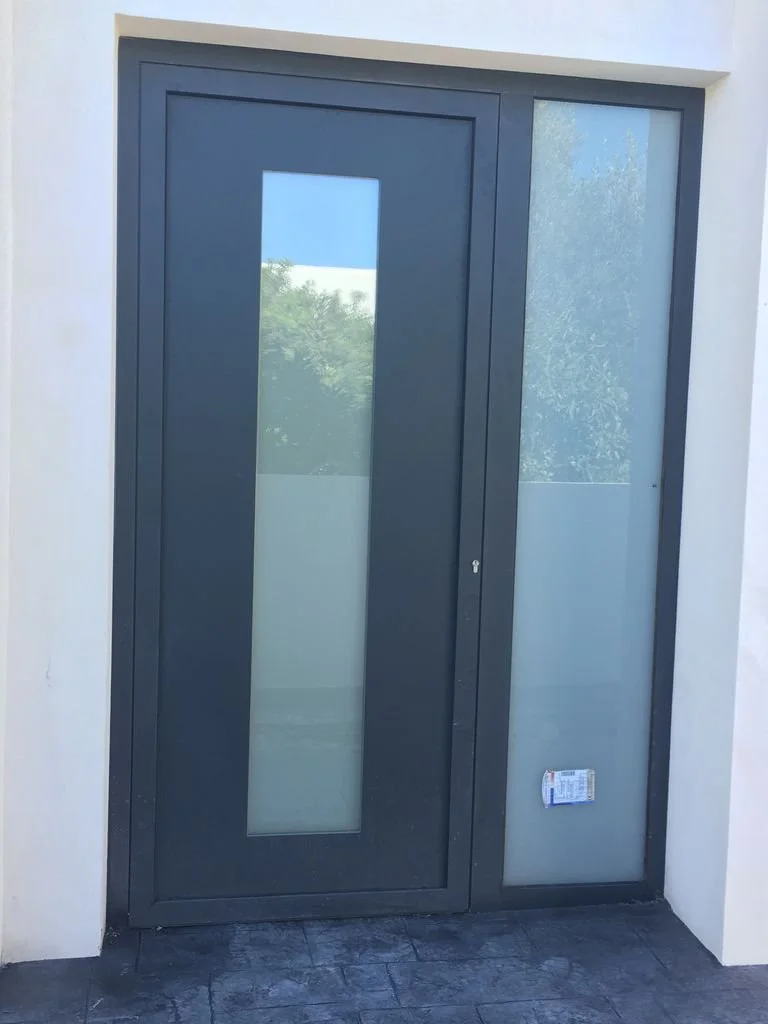 Puerta de entrada moderna con marco gris oscuro y cristal en el centro, ubicada en una pared blanca, con reflejo de árboles y cielo en el cristal.