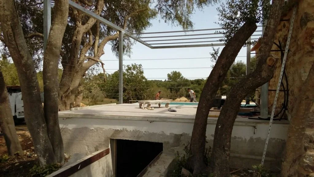 Paisaje de construcción en un área al aire libre con palmeras y árboles, en proceso de edificación con estructura de acero instalada.